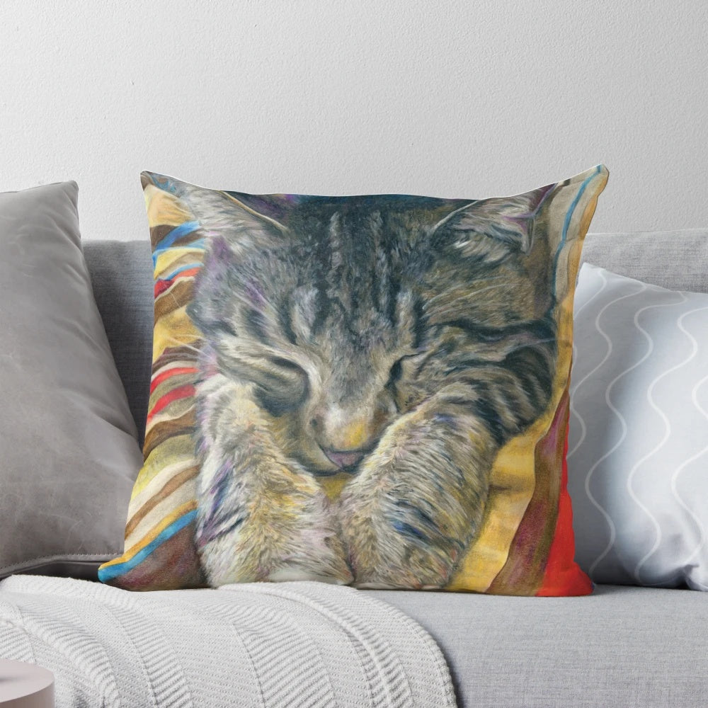 Realistic illustration of a tabby cat sleeping peacefully on a colorful striped pillow