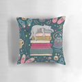 Soft, plush cat-shaped pillow in dark green and pink colors, perfect for a cozy, hygge-inspired winter nap.