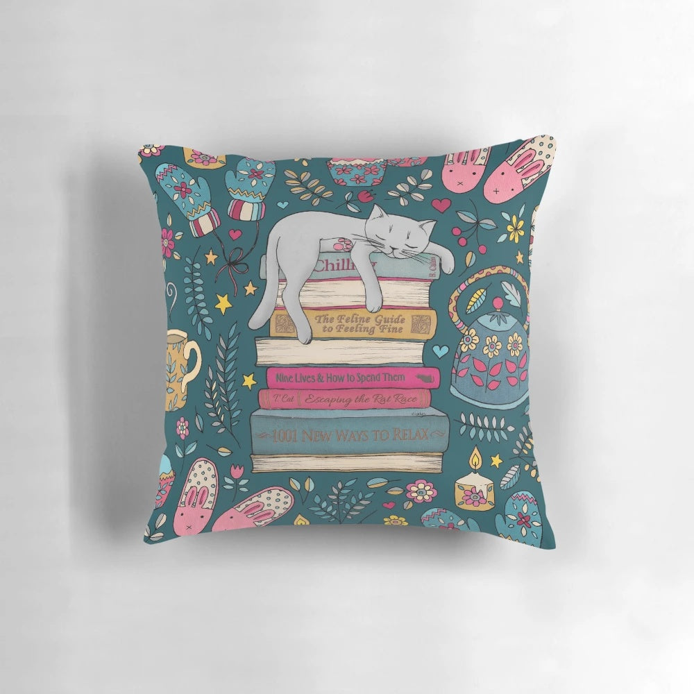 Soft, plush cat-shaped pillow in dark green and pink colors, perfect for a cozy, hygge-inspired winter nap.