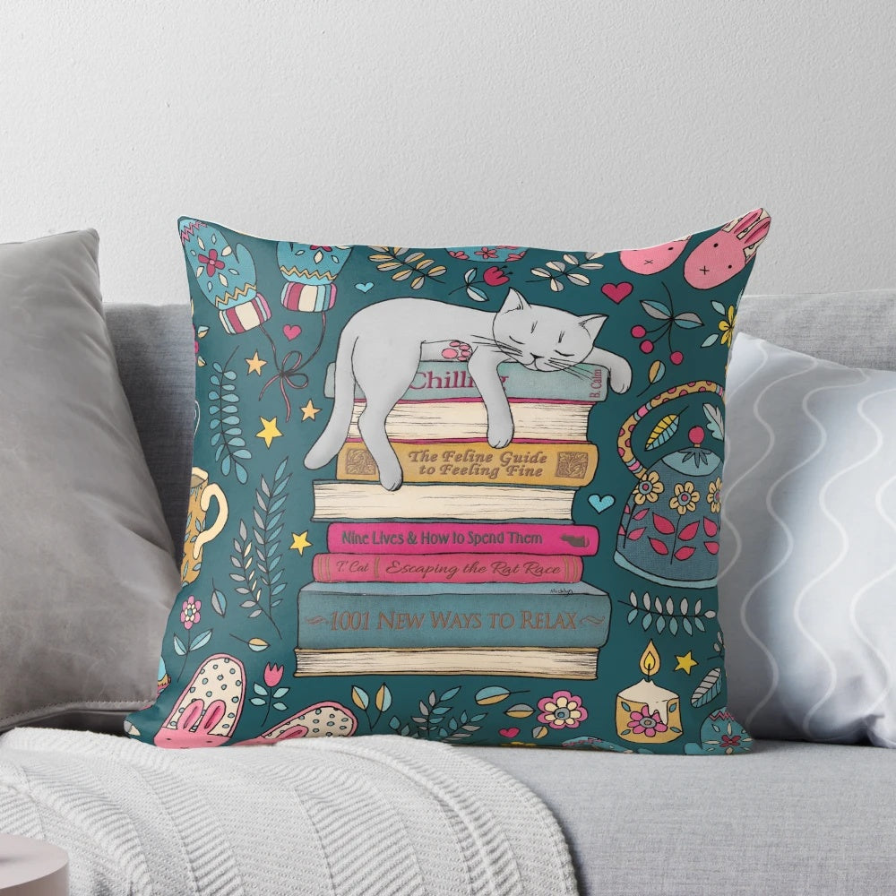 Soft, plush cat-shaped pillow in dark green and pink colors, perfect for a cozy, hygge-inspired winter nap.