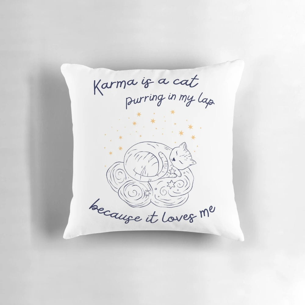 Decorative cat-themed pillow with the word "Karma" printed on it, inspired by Taylor Swift's album "Midnights"