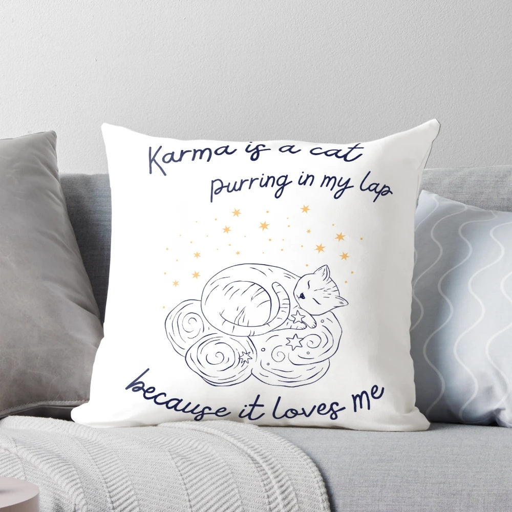 Decorative cat-themed pillow with the word "Karma" printed on it, inspired by Taylor Swift's album "Midnights"