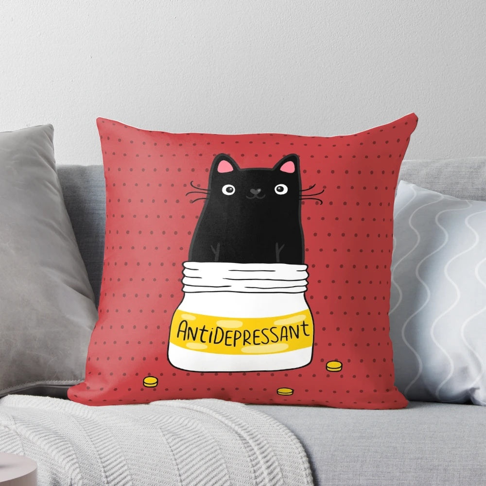 Soft black cat illustration on a plush, cozy pillow