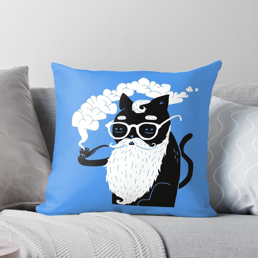 Whiskers and Pipe Cat Pillow, a playful and stylish pet accessory for cat lovers