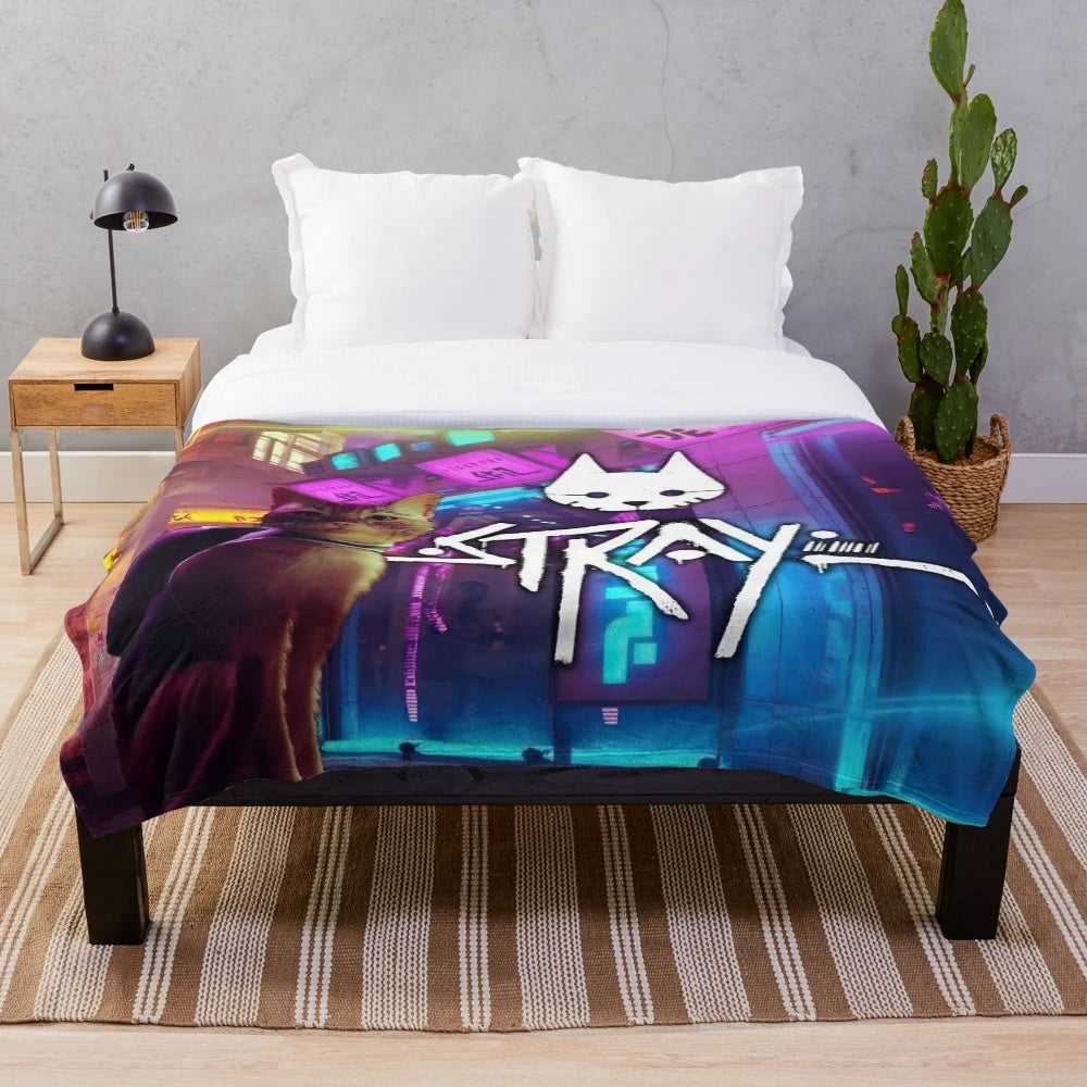 Soft and cuddly cat plush blanket featuring a sad stray cat design