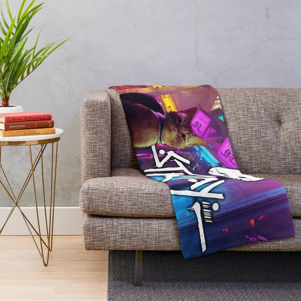Soft and cuddly cat plush blanket featuring a sad stray cat design