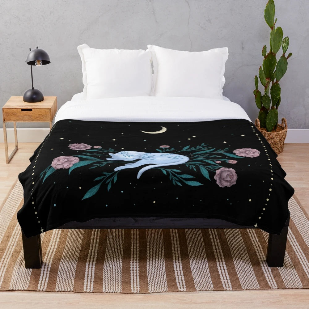 Plush blanket featuring a cat dreaming of the moon in a magical night garden