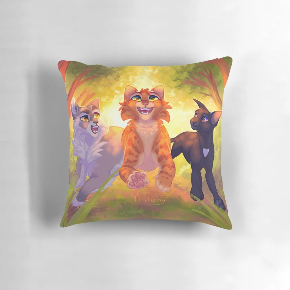Soft, plush pillow featuring beloved warrior cat characters Firestar, Graystripe, and Ravenpaw in a forest-inspired design.