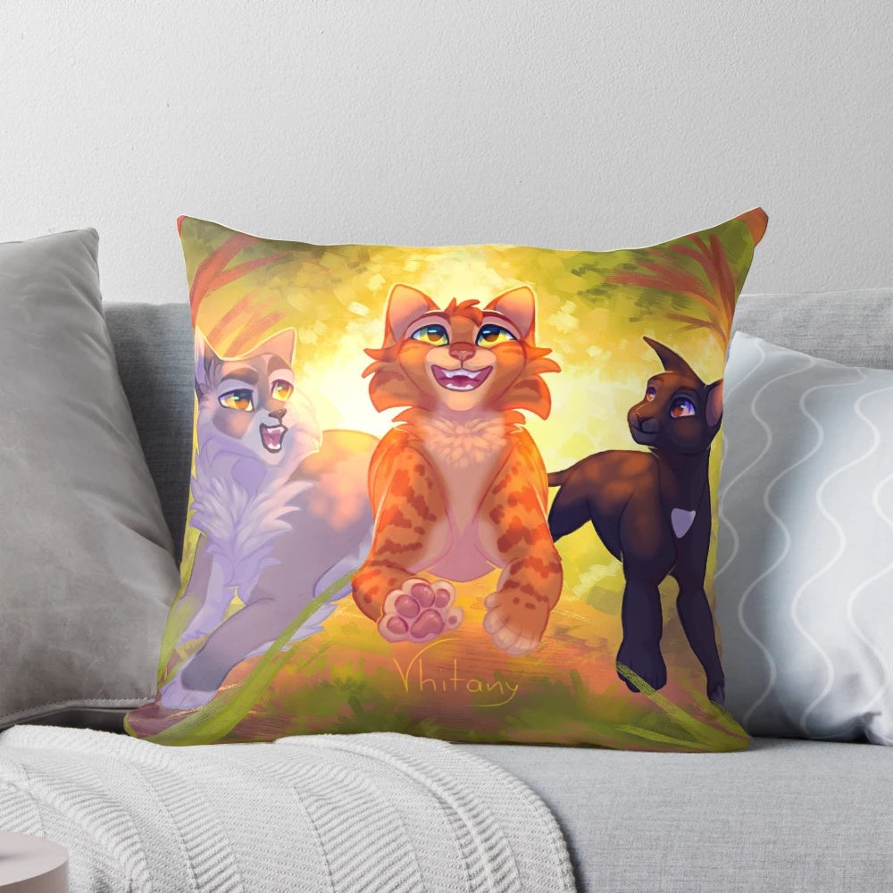 Soft, plush pillow featuring beloved warrior cat characters Firestar, Graystripe, and Ravenpaw in a forest-inspired design.