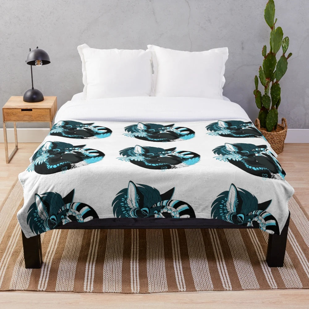 Soft and cuddly plush blanket featuring a cat-inspired sushi design in shades of cyan and turquoise