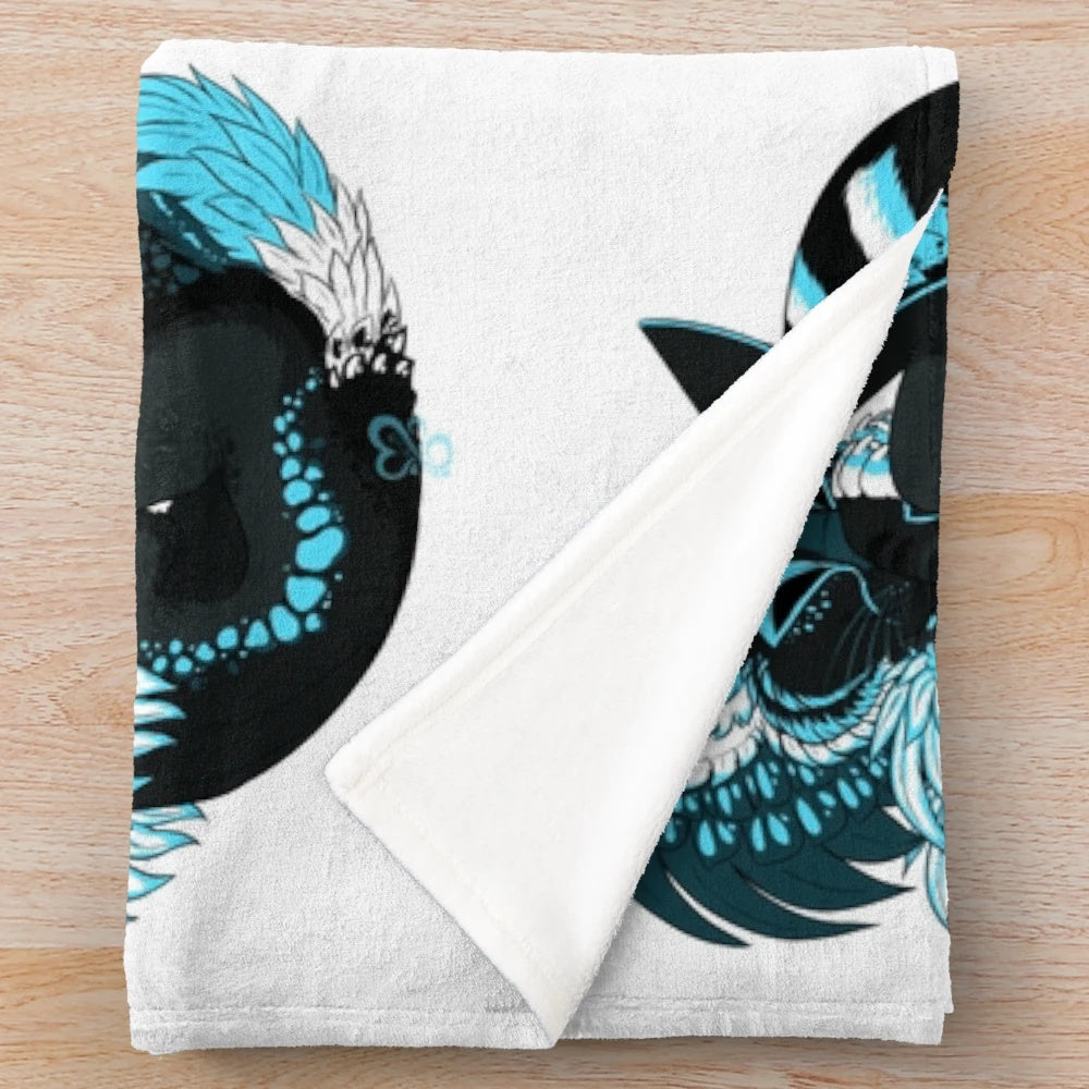 Soft and cuddly plush blanket featuring a cat-inspired sushi design in shades of cyan and turquoise