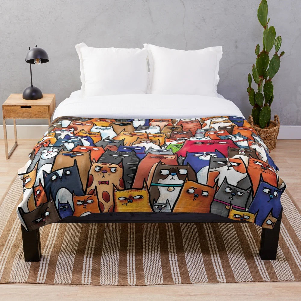 Plush blanket featuring a whimsical design of curious and suspicious-looking cats