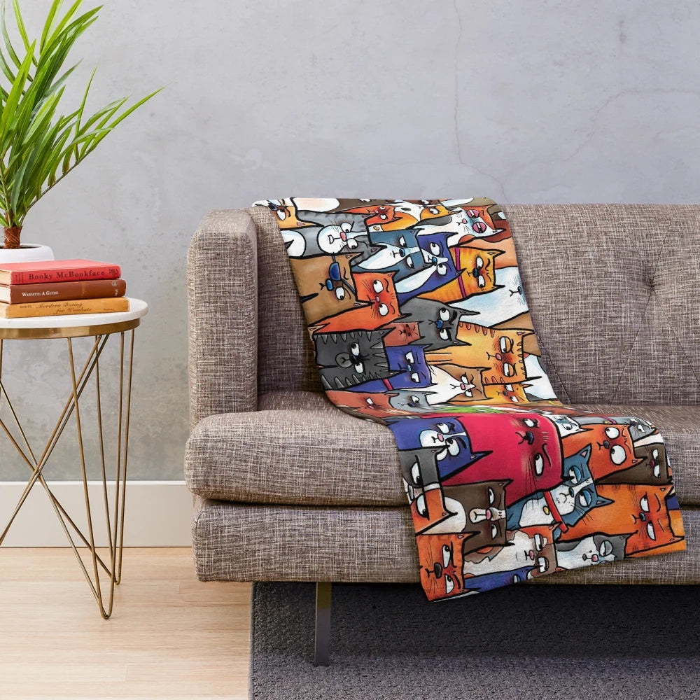 Plush blanket featuring a whimsical design of curious and suspicious-looking cats