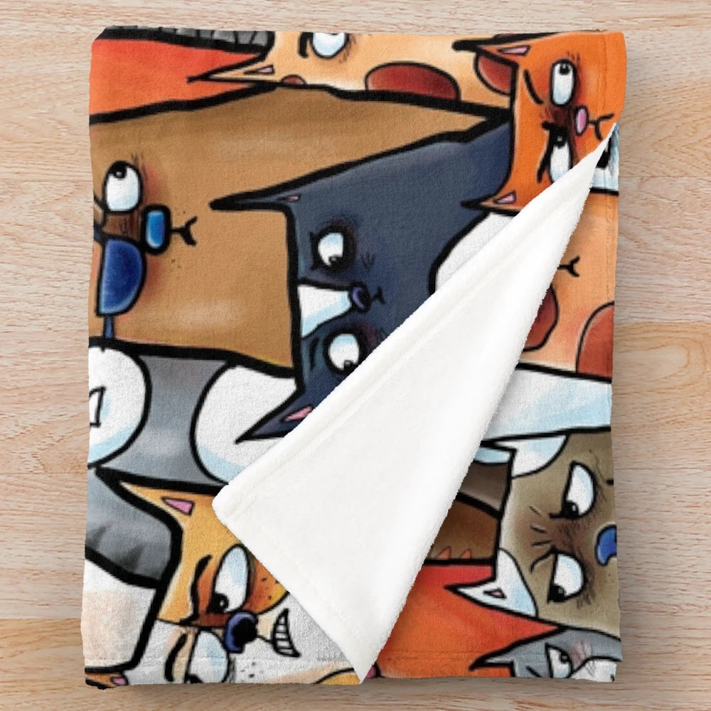 Plush blanket featuring a whimsical design of curious and suspicious-looking cats