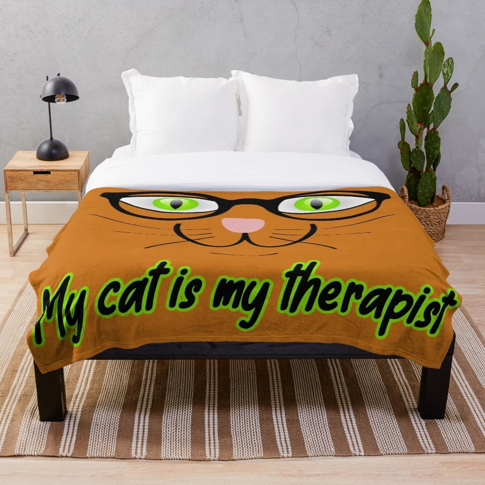 Plush blanket with a funny cat therapist cartoon design