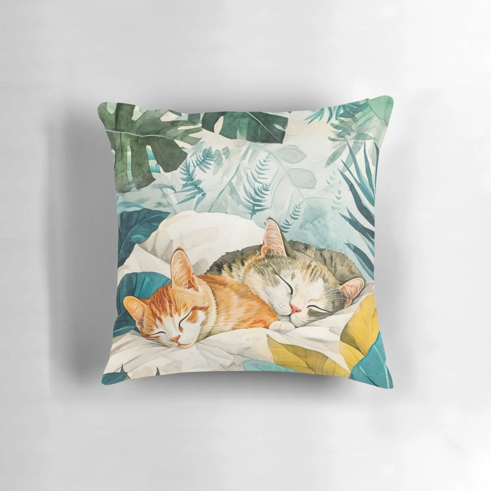 Calming watercolor painting of a cat curled up sleeping on a pillow