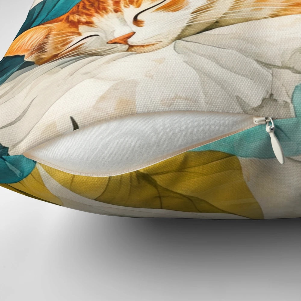Calming watercolor painting of a cat curled up sleeping on a pillow