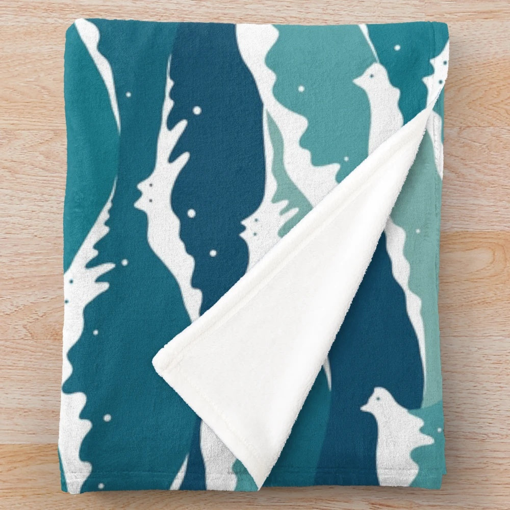 Soft plush cat blanket with blue waves and ocean design