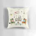 Cozy cat's den mid-century modern style pillow with cats, books, and vintage decor