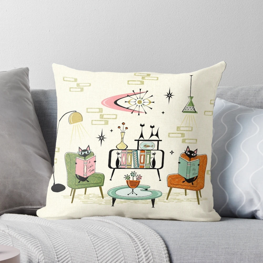 Cozy cat's den mid-century modern style pillow with cats, books, and vintage decor
