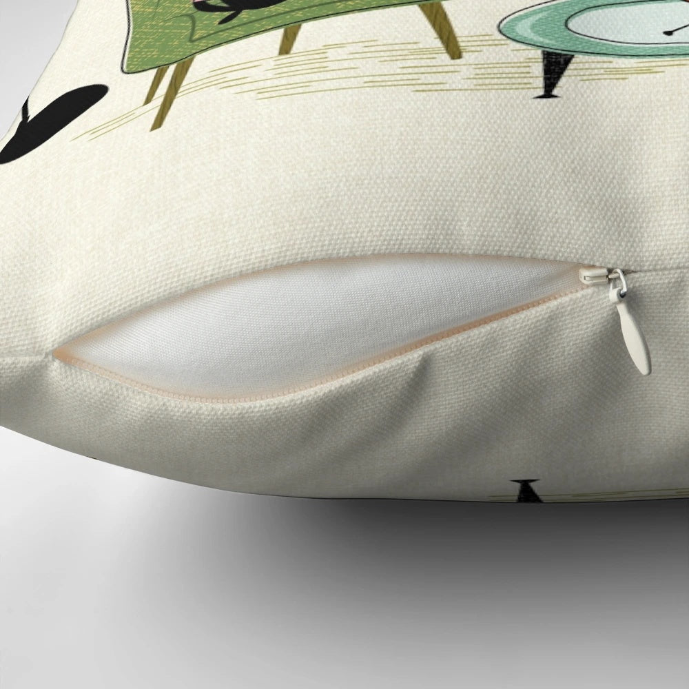 Cozy cat's den mid-century modern style pillow with cats, books, and vintage decor