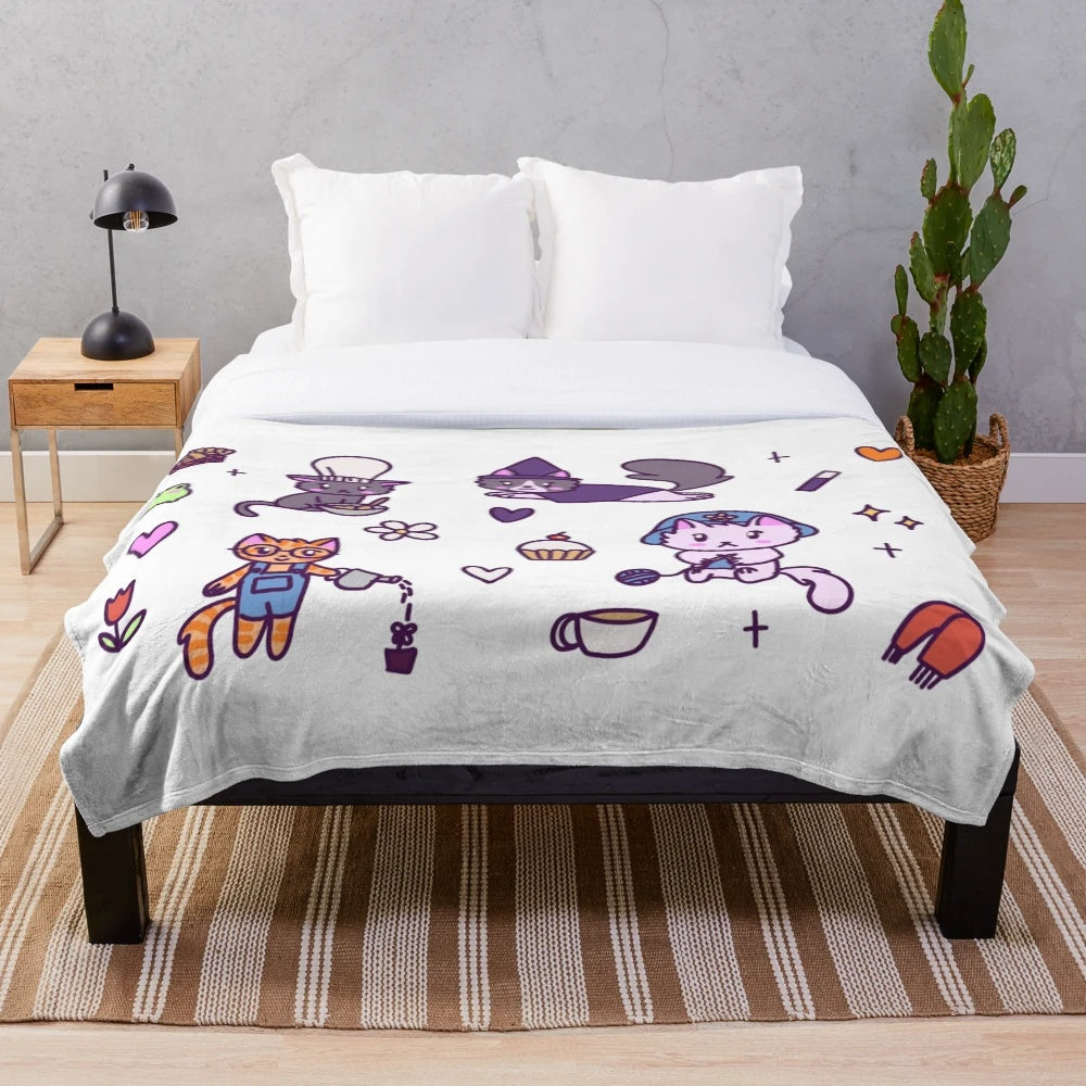 Cozy cats plush blanket featuring kawaii chibi cats engaged in hobbies like gardening, baking, and knitting