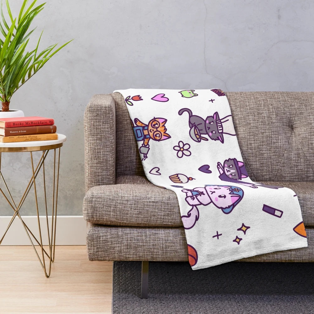 Cozy cats plush blanket featuring kawaii chibi cats engaged in hobbies like gardening, baking, and knitting