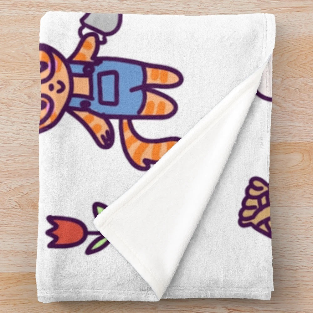 Cozy cats plush blanket featuring kawaii chibi cats engaged in hobbies like gardening, baking, and knitting