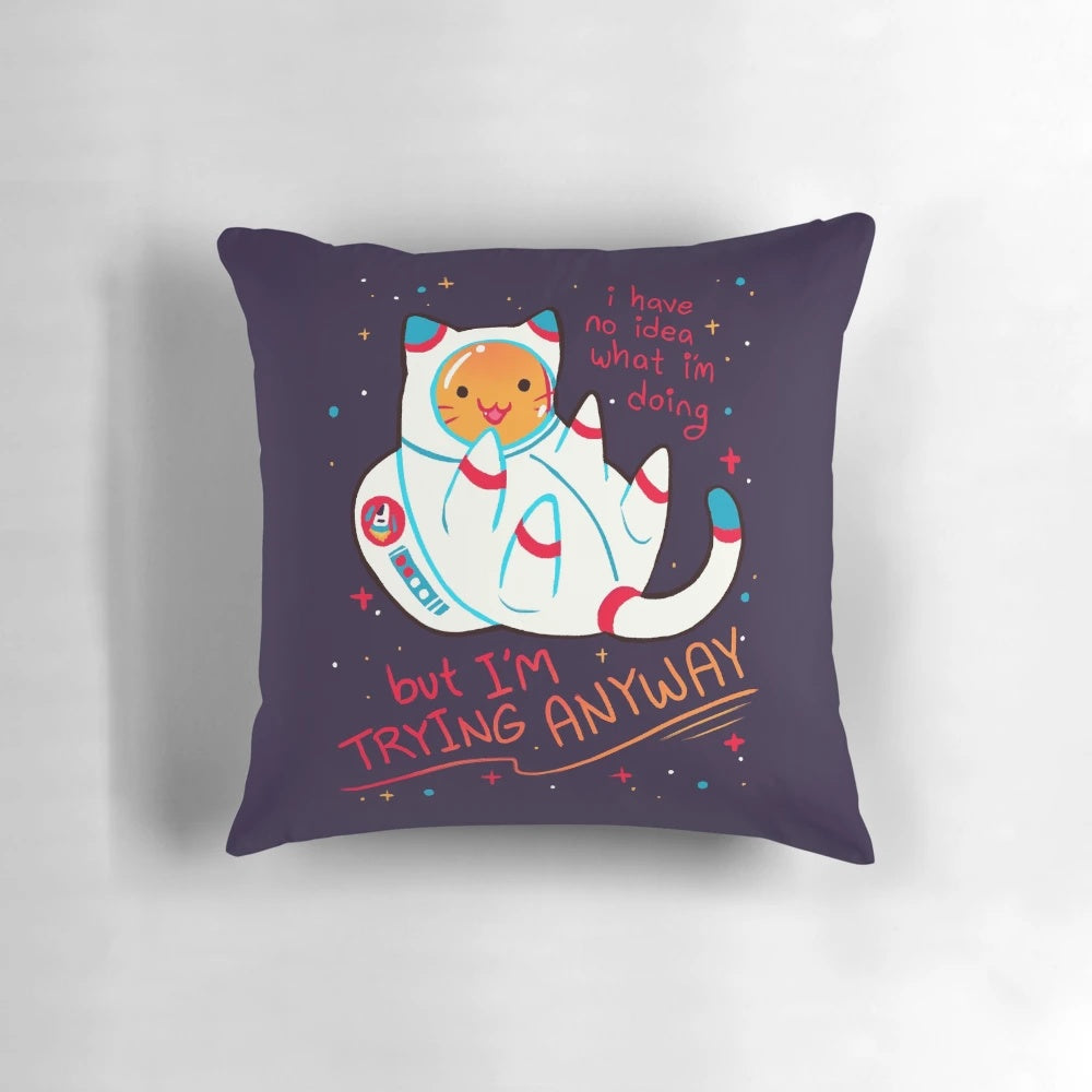 Soft and snuggly "catstronaut" pillow with a cute cat astronaut design and positive affirmations