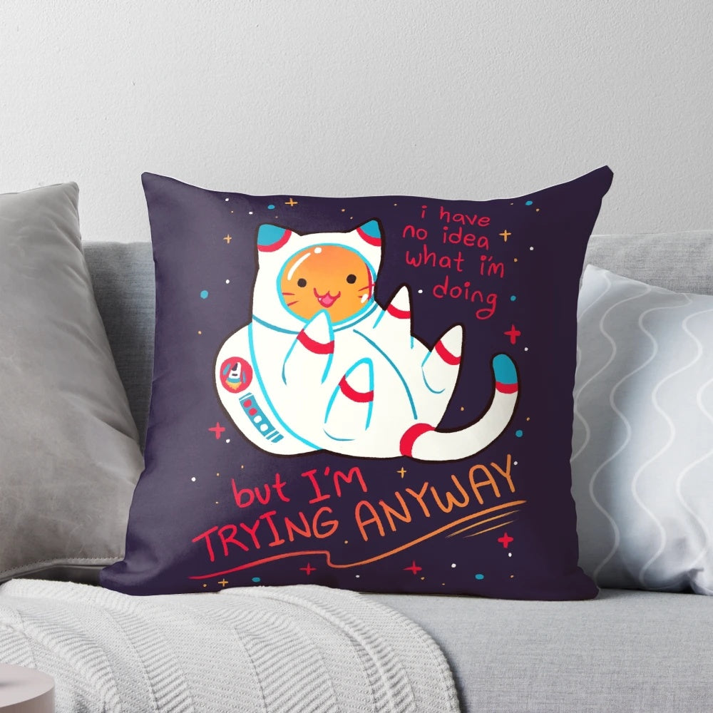 Soft and snuggly "catstronaut" pillow with a cute cat astronaut design and positive affirmations