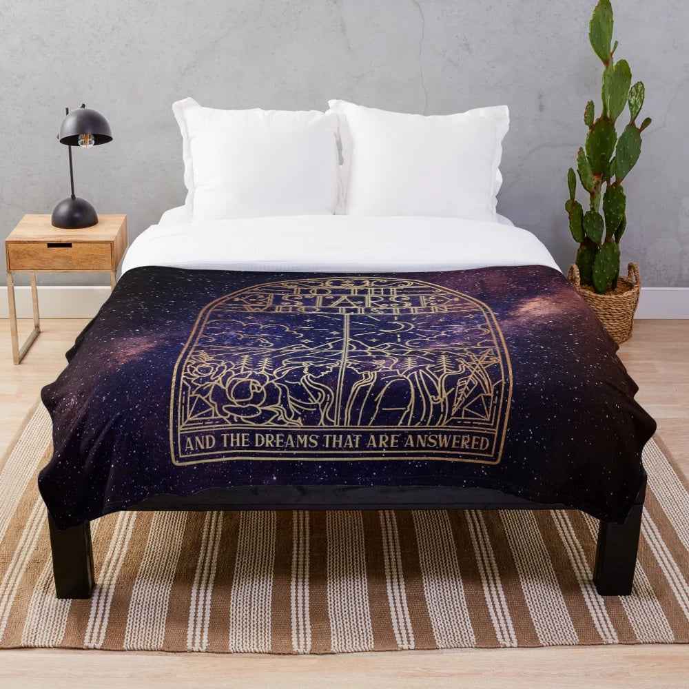 Plush blanket with starry night court and galaxy design