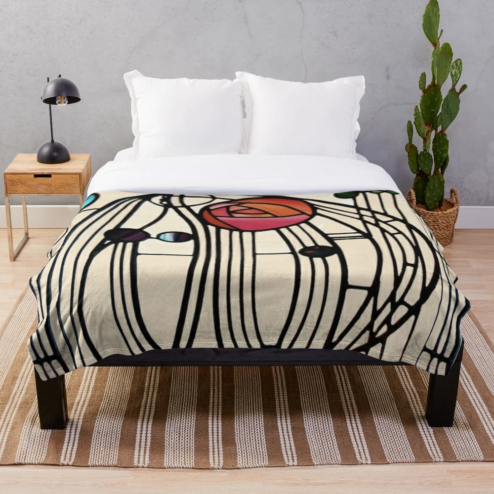 Charles Rennie Mackintosh inspired plush blanket with floral pattern