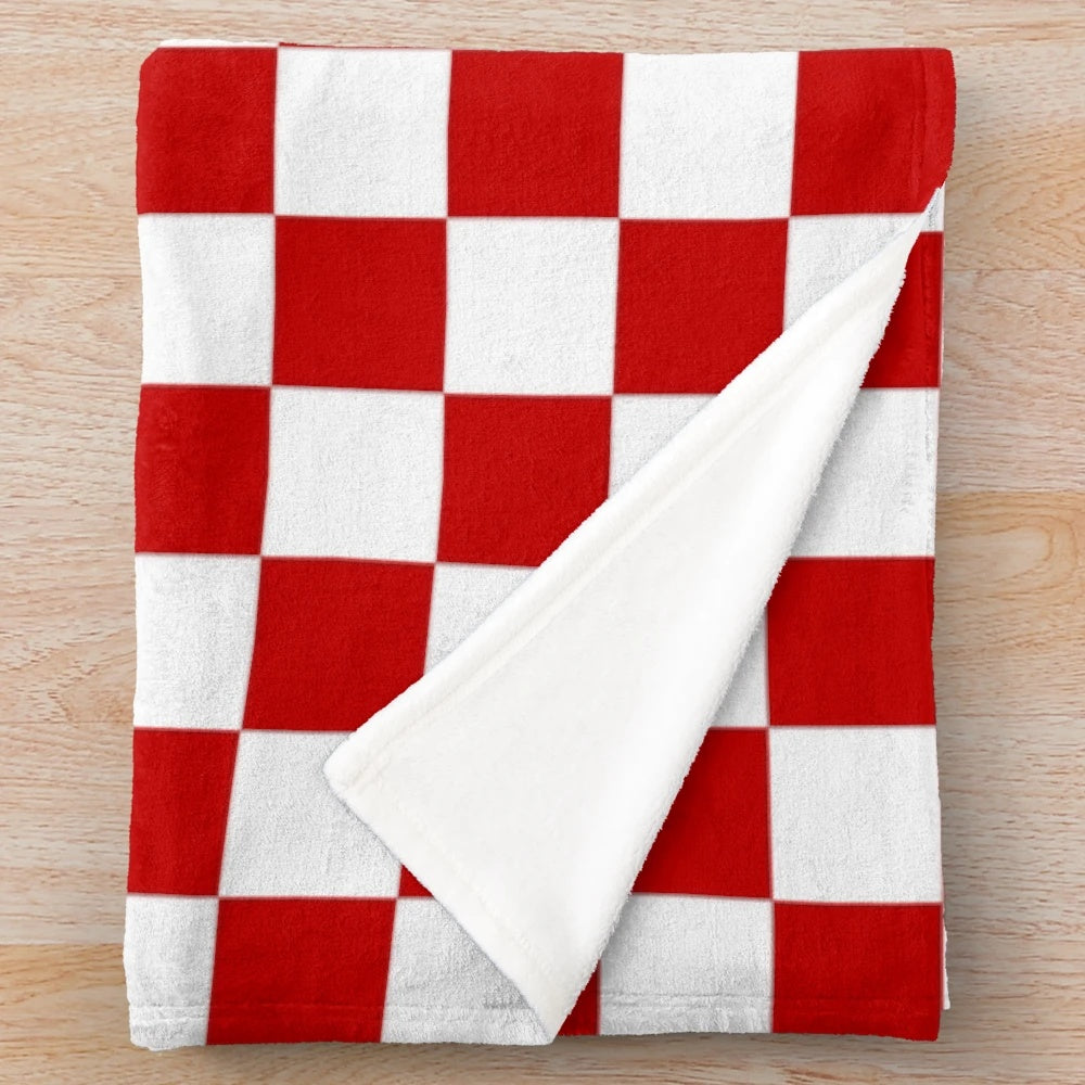 Cherry red and white checkered plush blanket