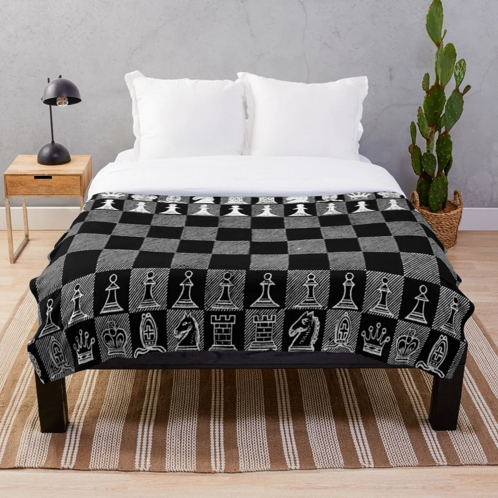 Plush white blanket with chess pattern design, ideal for chess fans and players