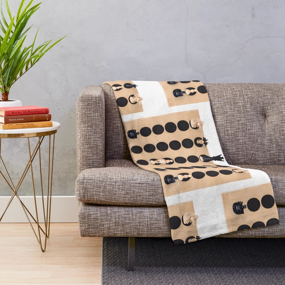 Plush blanket featuring chess pieces and chess board design