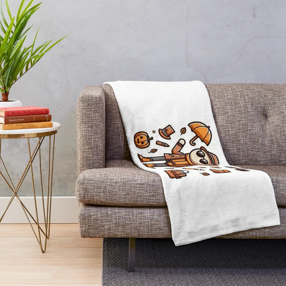 Soft and plush autumn-themed blanket with chibi and stickman characters