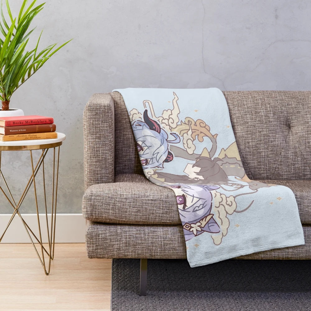 Genshin Impact Chibi Plush Blanket featuring Zhongli, Ganyu, and Keqing