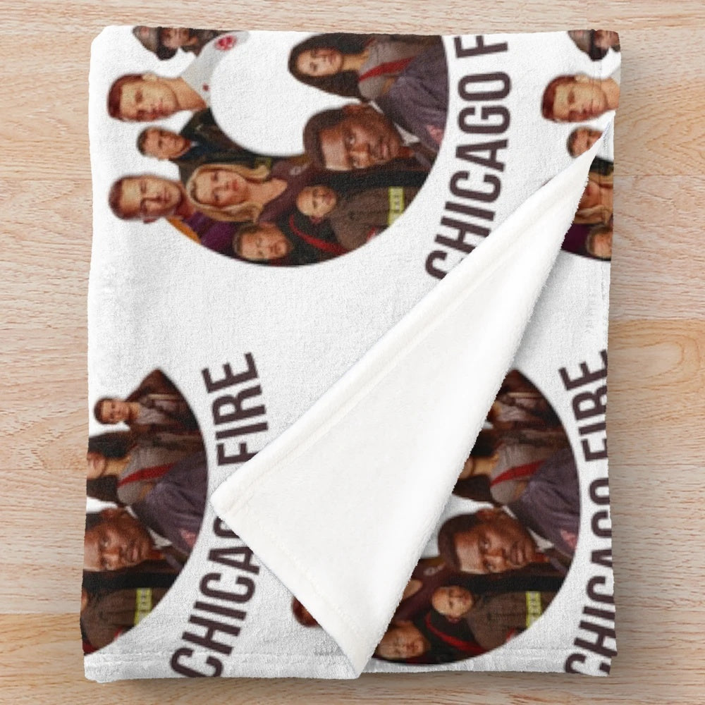 Chicago Fire themed plush blanket with cast logo design