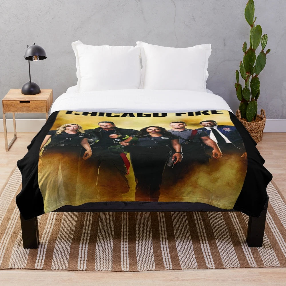 Chicago fire-inspired plush blanket with firefighter motif