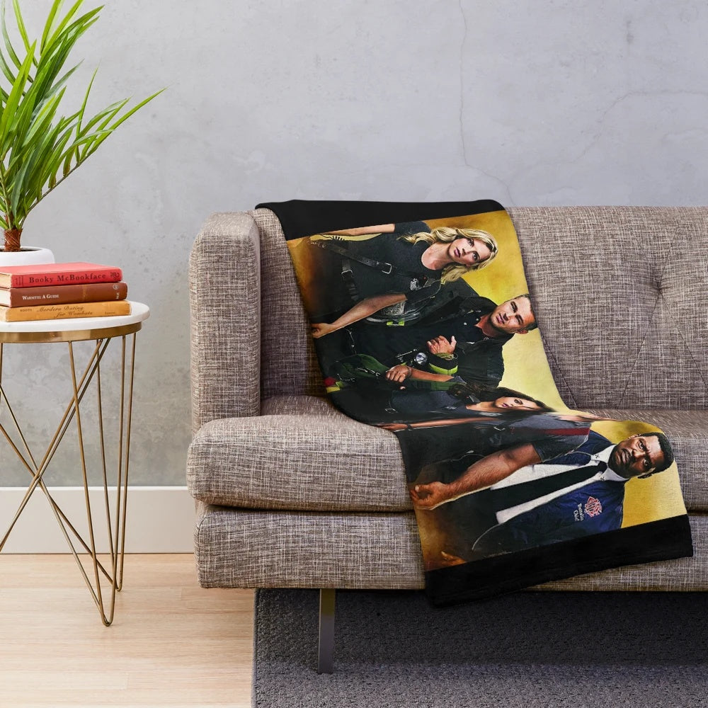 Chicago fire-inspired plush blanket with firefighter motif