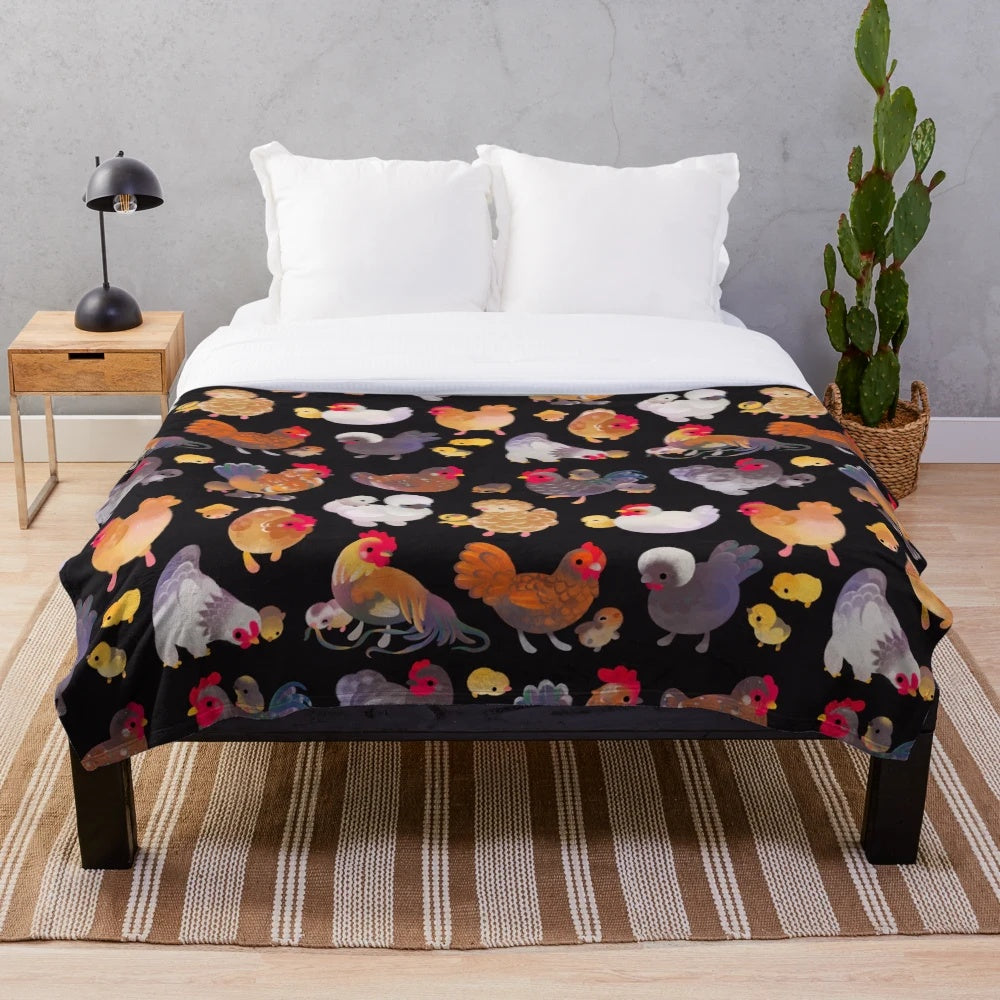 Soft and fluffy chicken and chick plush blanket for cozy farmhouse decor