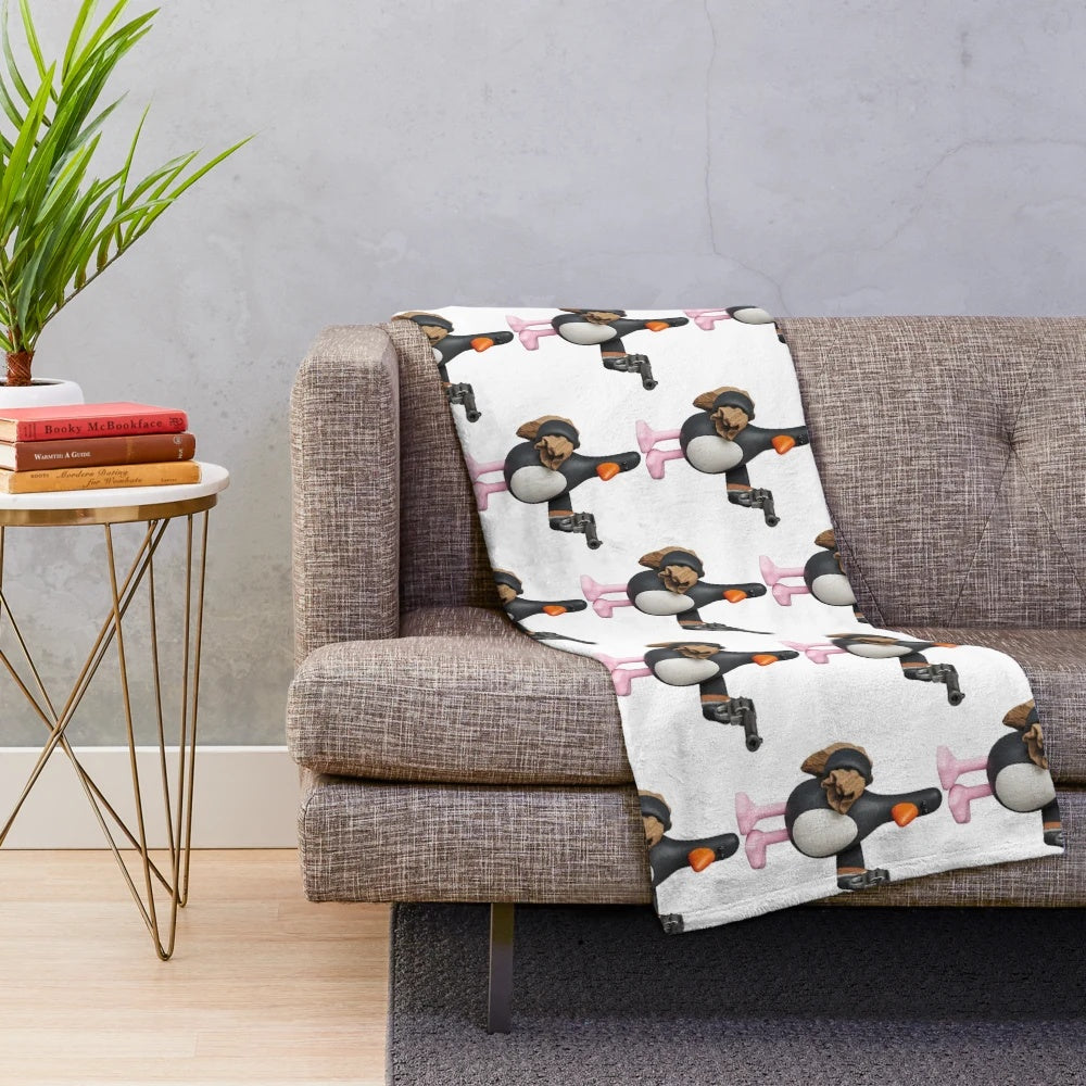 Soft, plush chicken-themed blanket inspired by the iconic Feathers McGraw character from Wallace and Gromit