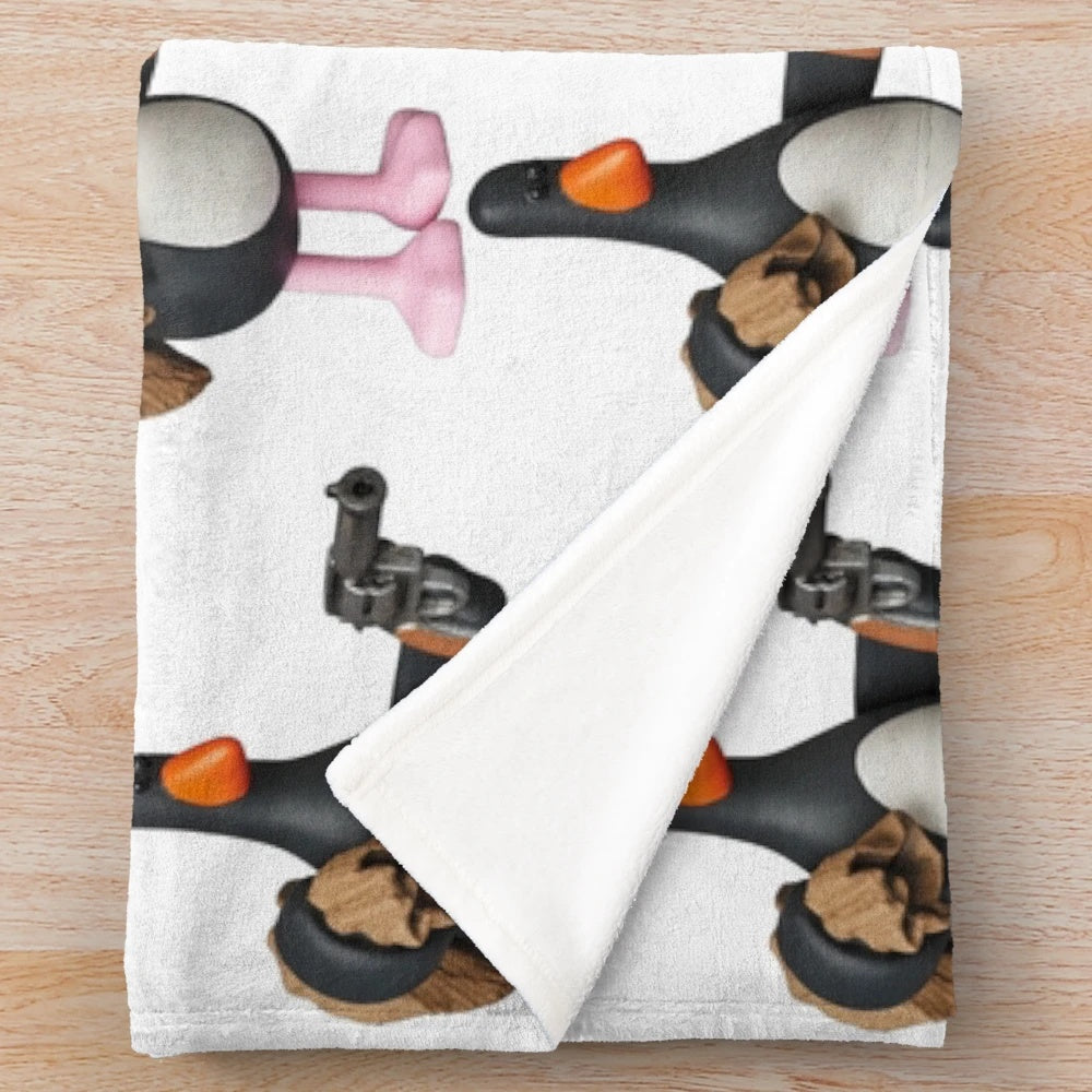 Soft, plush chicken-themed blanket inspired by the iconic Feathers McGraw character from Wallace and Gromit