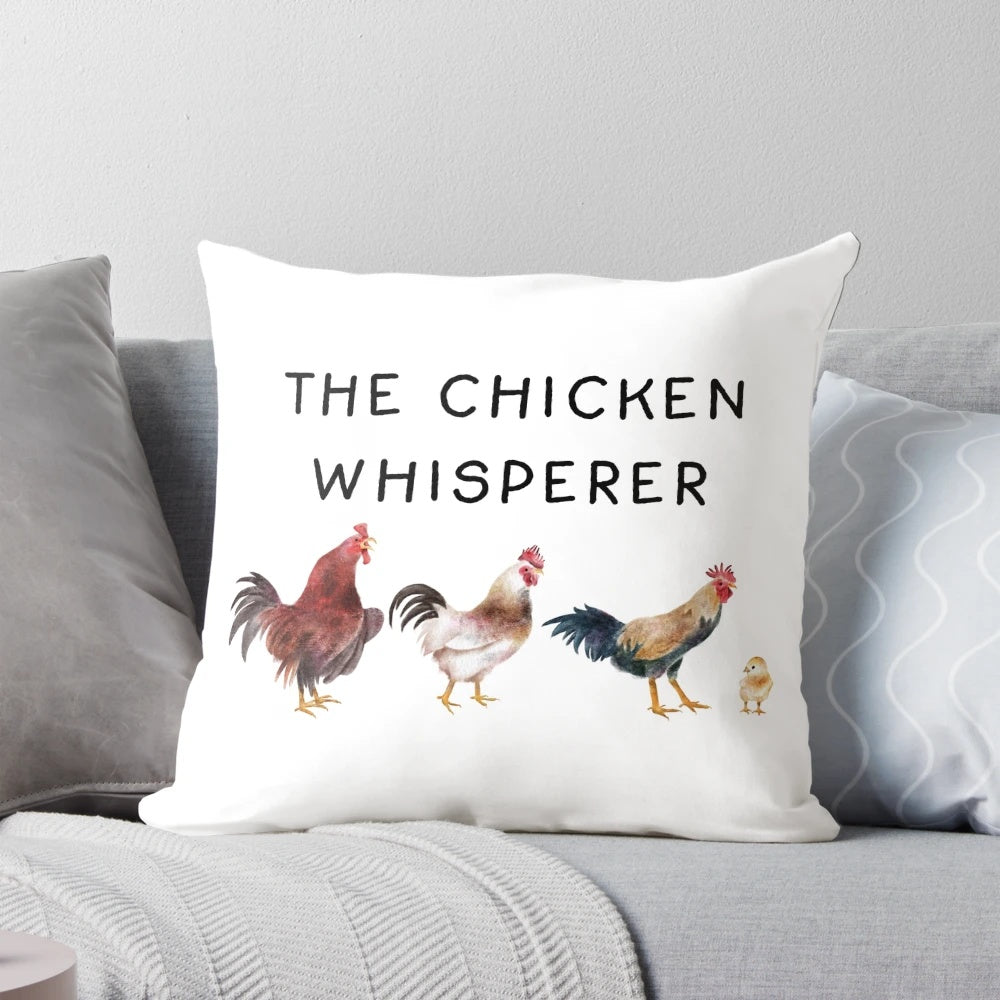 Watercolor illustration of a chicken on a soft, cozy pillow with a "Chicken Whisperer" design for farmhouse-inspired home decor.