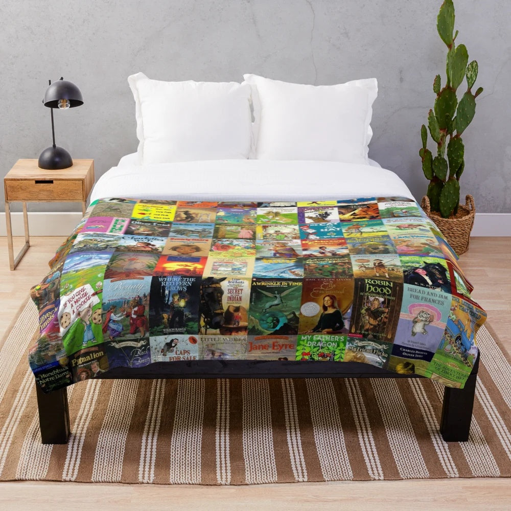 A soft, plush blanket featuring children's books design for kids