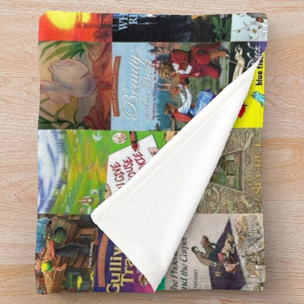 A soft, plush blanket featuring children's books design for kids