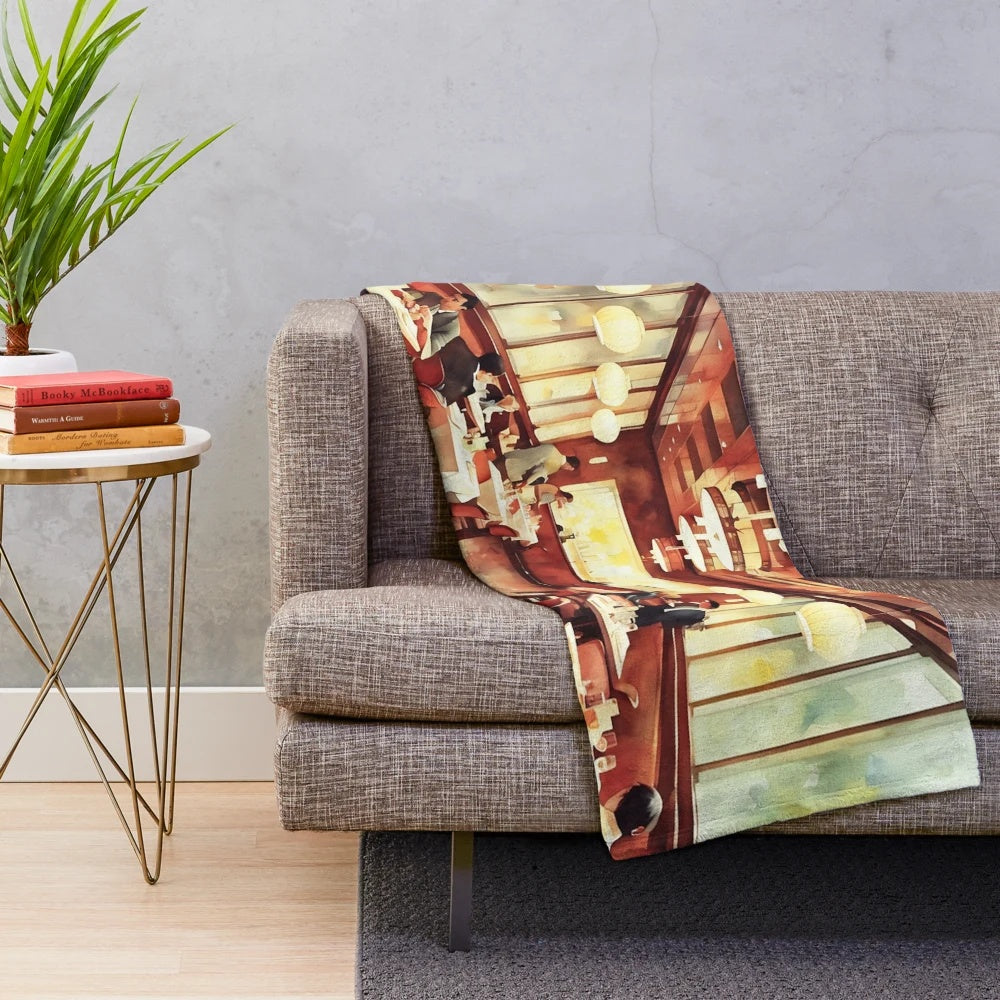 Plush blanket with Chinese food and city skyline design