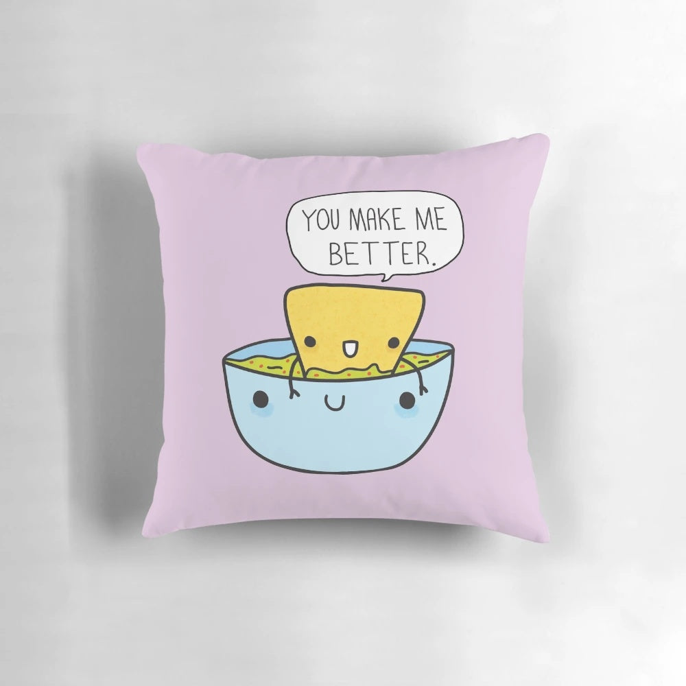 A plush, food-themed pillow in the shape of a chip and dip, perfect for snuggling with your favorite person.
