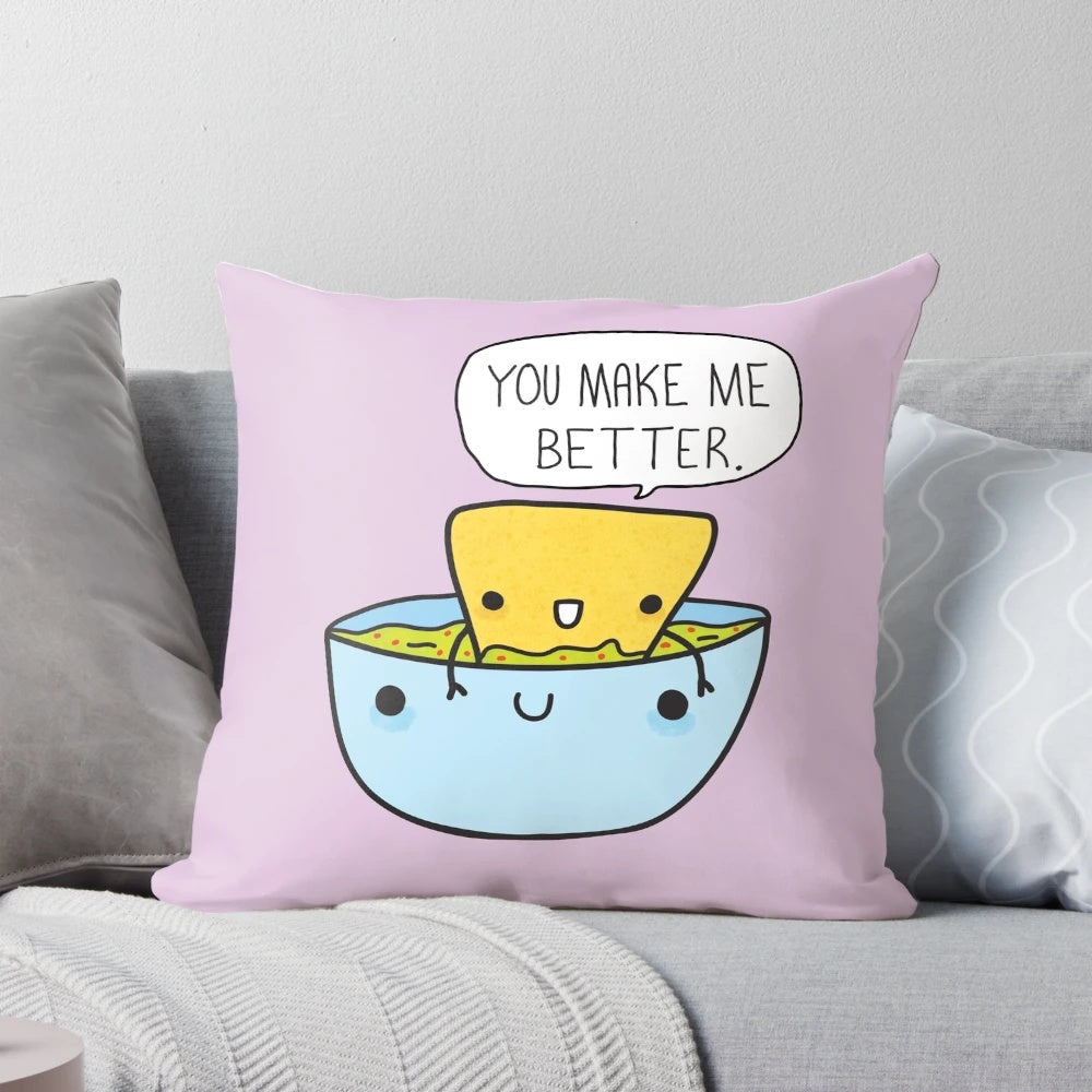 A plush, food-themed pillow in the shape of a chip and dip, perfect for snuggling with your favorite person.