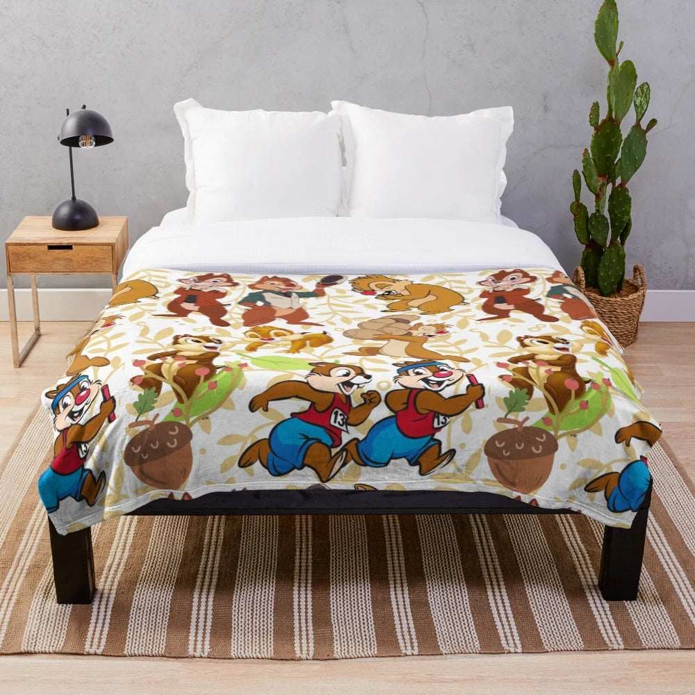 Colorful plush blanket featuring a whimsical chipmunk inspired design